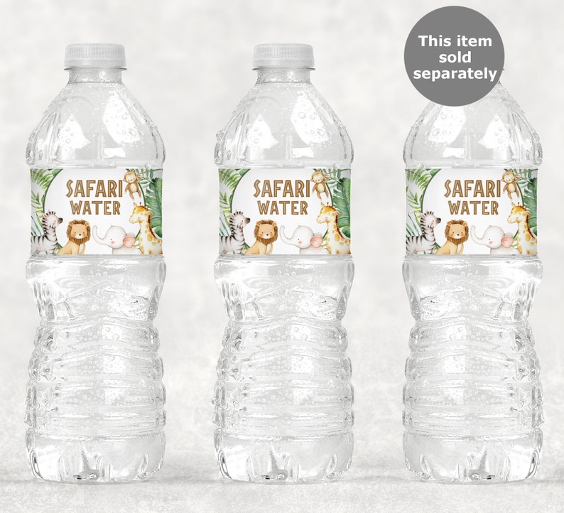May include: Three clear plastic water bottles with labels that say "Safari Water". The labels feature a jungle theme with animals such as a lion, zebra, giraffe, and elephant.