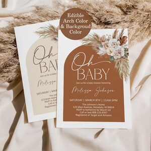May include: A baby shower invitation with a brown arch and a floral design. The text reads "Oh Baby" and includes the name "Melissa Johnson". The invitation includes the date, time, and location of the shower.