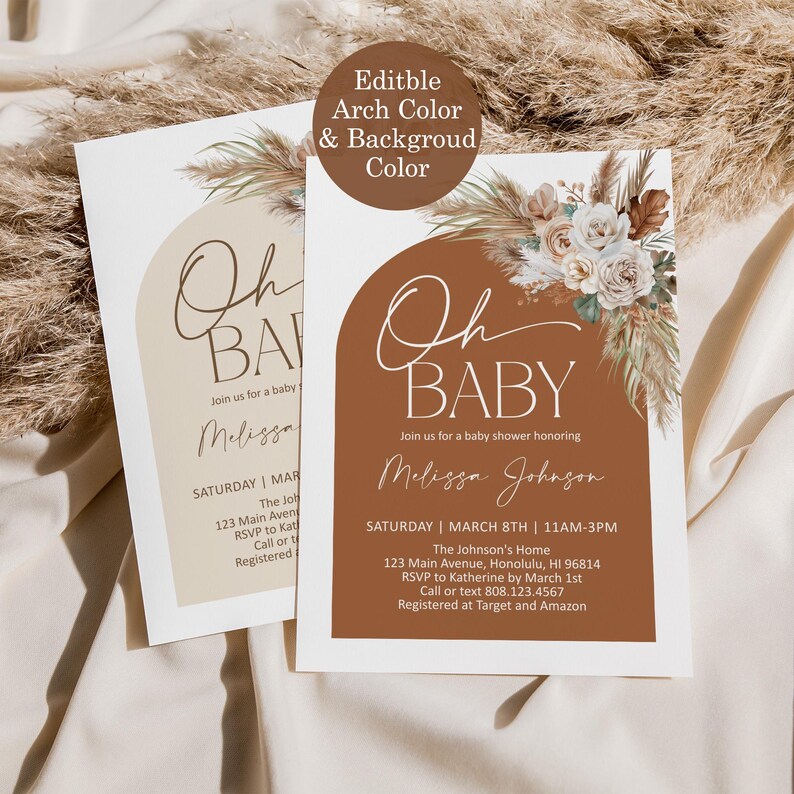 May include: A baby shower invitation with a brown arch and a floral design. The text reads "Oh Baby" and includes the name "Melissa Johnson". The invitation includes the date, time, and location of the shower.