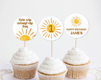 Editable Sun Birthday Cupcake Toppers First Trip Around The Sun Boho Sunshine Party Decor Printable Corjl Template 0118