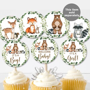 May include: Set of six round cupcake toppers featuring woodland animals, including a fox, deer, bear, raccoon, and owls. The toppers have green foliage and the text "Welcome Baby!" "It's a Boy!" and "It's a Girl!"