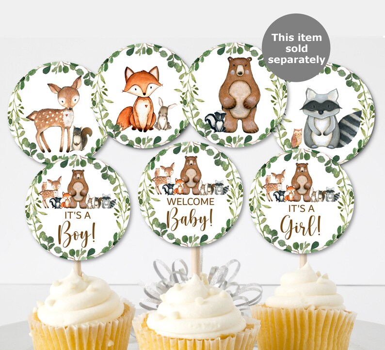 May include: Set of six round cupcake toppers featuring woodland animals, including a fox, deer, bear, raccoon, and owls. The toppers have green foliage and the text "Welcome Baby!" "It's a Boy!" and "It's a Girl!"