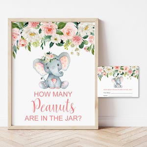 Juego imprimible para baby shower: adivina cuántos cacahuetes hay en el frasco con el elefante rosa 0121