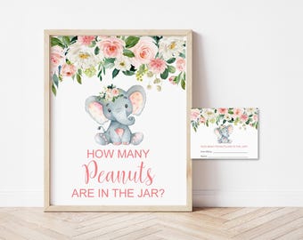 Rosa Elefant Errate, wie viele Erdnüsse im Glas sind - Babyparty-Spiel Printable 0121