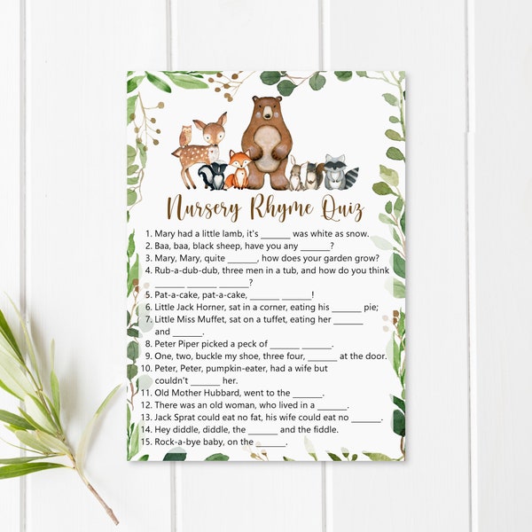 Nursery Rhyme Quiz Game Woodland Baby Shower Game Greenery Woodland Animals Baby Shower Game Printable Baby Nursery Song NOT Editable 0120