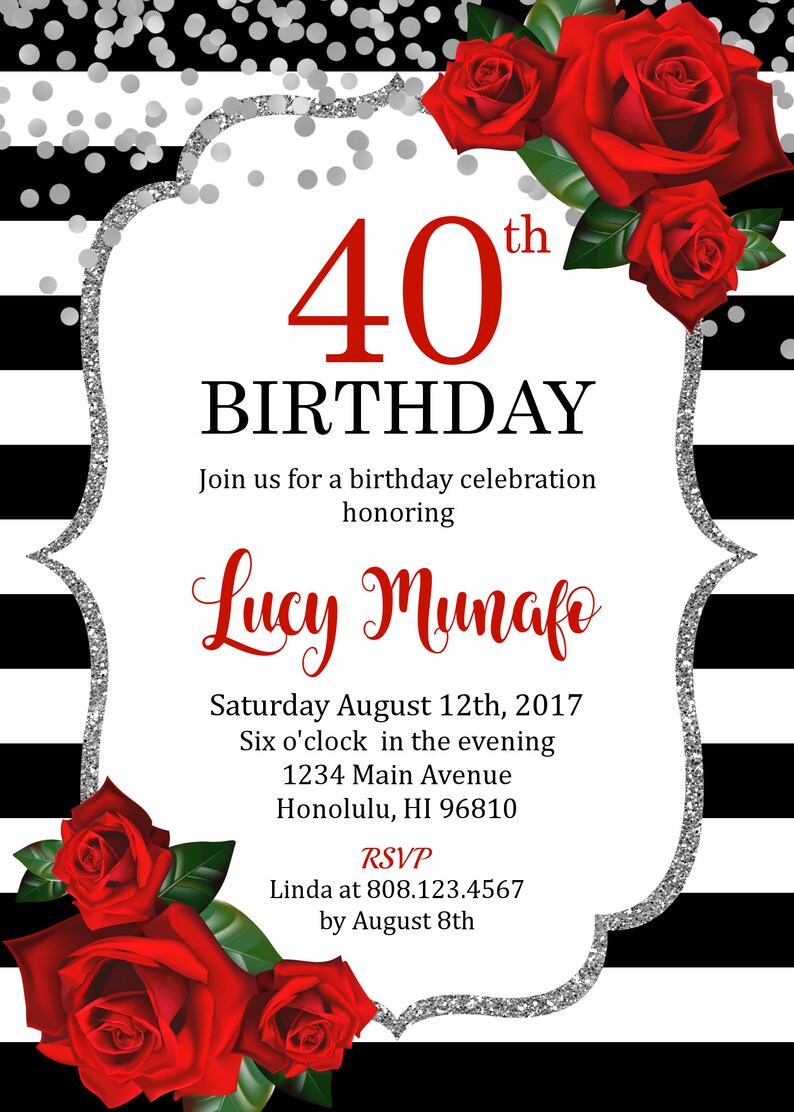 40th Birthday Invitation Women Birthday Invitation Floral Red - Etsy