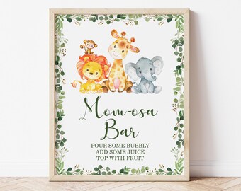 Momosa Bar Sign Jungle Baby Shower Jungle Animals Safari Baby Shower Mimosa Sign Printable Greenery Gender Neutral  0128