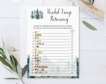 Bridal Emoji Pictionary Game Mountain Bridal Shower Game Rustic Pine Trees Wedding Shower Game Printable NOT Editable B96