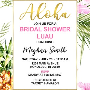 Luau Bridal Shower Invitation Hawaiian Bridal Shower Tropical Floral Hibiscus Pineapple Custom Printable Invite Digital File B74 image 3