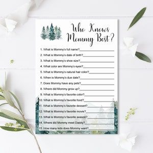 May include: A printable baby shower game card with a watercolor background of a forest scene. The card has the title "Who Knows Mommy Best?" and a list of 15 questions about the mother-to-be.