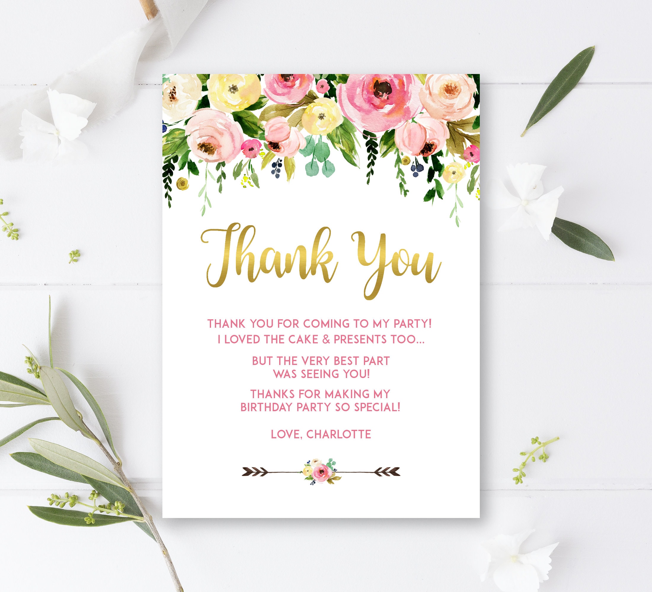 Custom Thank You Cards Wildflower Girl First Birthday Pink and Gold Thank You Note Cards Printable A15