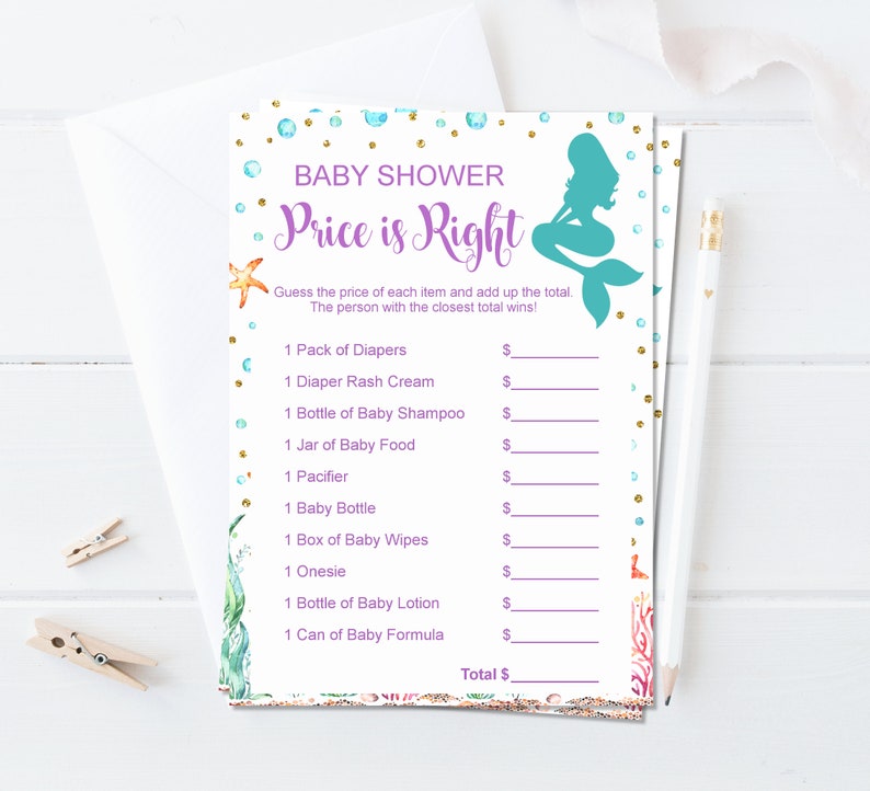 May include: A printable baby shower game card with a mermaid illustration and gold glitter. The game is called "Price is Right" and asks guests to guess the price of various baby items.