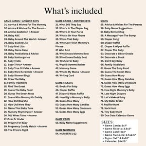 May include: A list of baby shower game ideas and sizes, including game cards, tickets, and signs. The text is in black font on a white background. Game sizes are listed in inches.
