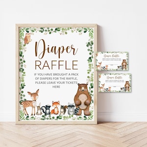 Diaper Raffle Tickets and Sign Woodland Baby Shower Game Greenery Woodland Animals Forest Baby Shower Printable NOT Editable 0120
