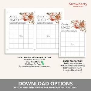 May include: Printable bridal shower bingo cards with a floral design in shades of pink, peach, and brown. The cards are designed for a virtual shower and can be printed at home or at a copy center.