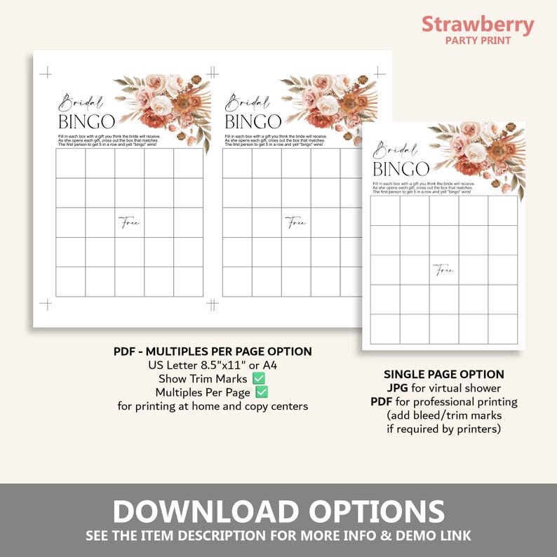 May include: Printable bridal shower bingo cards with a floral design in shades of pink, peach, and brown. The cards are designed for a virtual shower and can be printed at home or at a copy center.