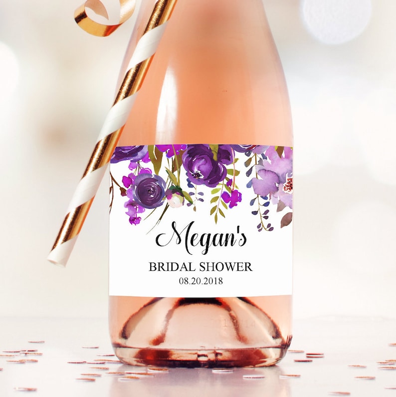 Mini Champagne Bottle Label Purple Custom Wine Label Bridal Shower Baby Shower Birthday Favor Sticker Digital File A73 A78 B71 C68
