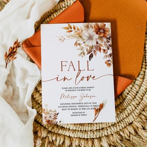 Editable Fall In Love Bridal Shower Invitation Template Fall Bridal Shower Invite Neutral Autumn Floral Bridal Shower Invite Corjl 0131