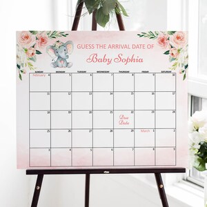 Baby Fälligkeit Datum Kalender Zeichen Rosa Elefant-Babyparty Spiel Errate Babys Geburtstag Spiel Printable Corjl 0121