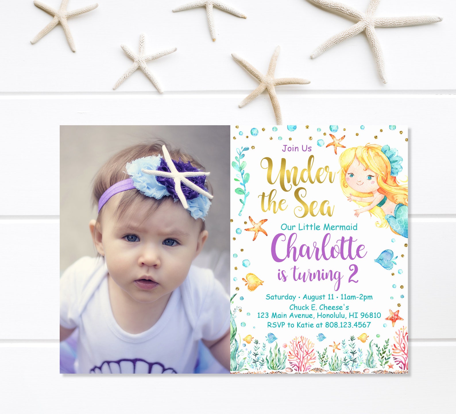 Mermaid Birthday Invitation Under the Sea Little Mermaid Etsy