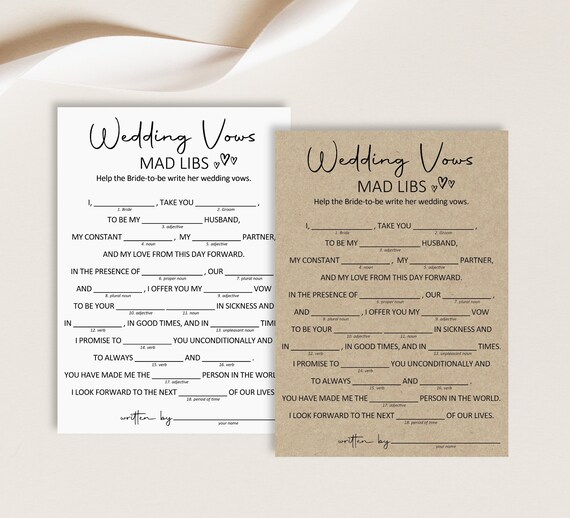 Mad Libs Wedding Vow Mad Lib Bridal Shower Game Printable Minimal Kraft 