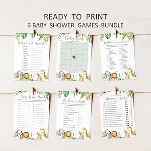 May include: A set of six printable baby shower games featuring a jungle theme with green leaves, animal illustrations, and gold accents. The games include Baby Bingo, Baby Word Scramble, What's in Your Purse, Baby Name Race, The Price is Right, and Guess Who Mommy or Daddy?