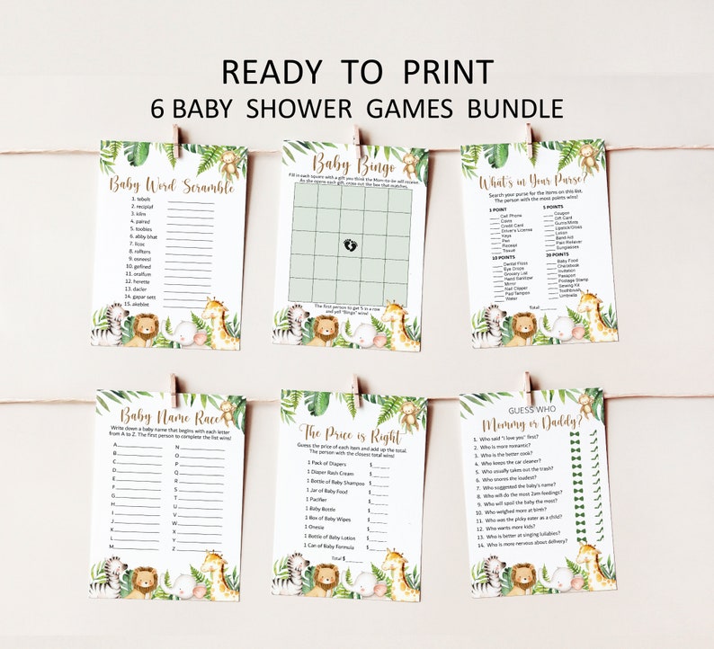 May include: A set of six printable baby shower games featuring a jungle theme with green leaves, animal illustrations, and gold accents. The games include Baby Bingo, Baby Word Scramble, What's in Your Purse, Baby Name Race, The Price is Right, and Guess Who Mommy or Daddy?