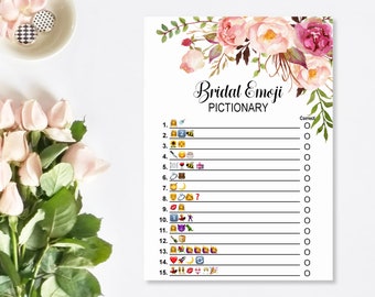 Jeu d'emoji pour la douche nuptiale Jeu de pictionary pour la mariée Emoji, jeu de douche nuptiale floral rose bohème imprimable, non modifiable B54