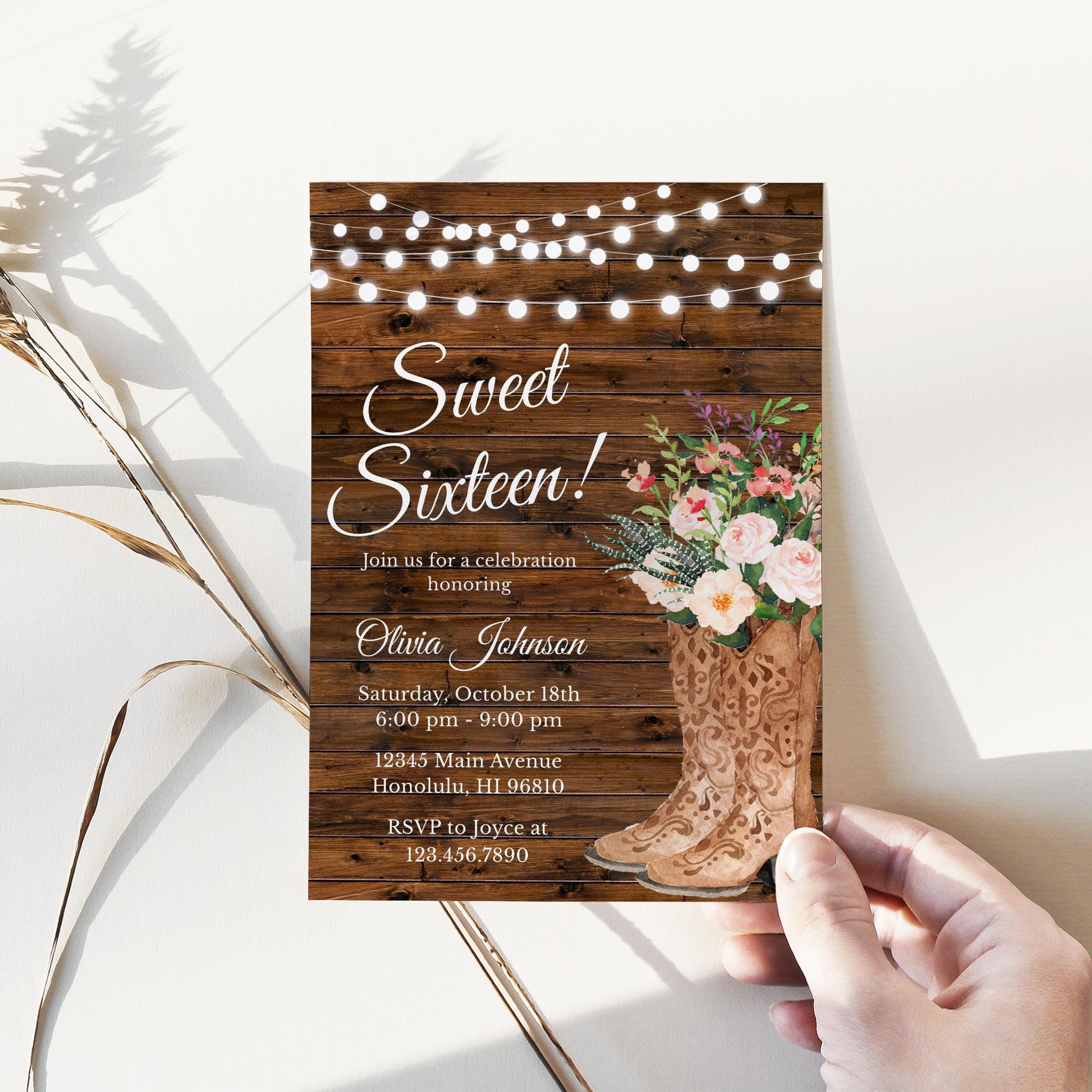 Editable Sweet Sixteen Birthday Party Invitation Cowgirl Birthday Invite  Southern Country Floral Boots Birthday Party Invite Corjl 0147 - Etsy, image size:2048x2048