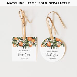May include: Two printable thank you tags with a watercolor design of orange blossoms and oranges. The tags are fully editable and can be used for a variety of occasions.