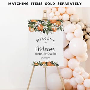 May include: Welcome to Melissa's Baby Shower sign with a floral orange blossom design. The sign is on a wooden easel and surrounded by cream-colored balloons.