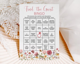 Juego de bingo para encontrar invitados con flores silvestres para despedida de soltera. Juego de té en el jardín para despedida de soltera con flores. Imprimible (no editable). 0123