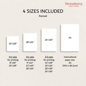 K&ouml;nnte beinhalten: Vier verschiedene Gr&ouml;&szlig;en von druckbaren Kunstdrucken werden gezeigt, mit Abmessungen in Zoll. Die Gr&ouml;&szlig;en sind 16x20, 18x24, 24x36 und A1 (59,4 x 84,1 cm). Der Text "4 SIZES INCLUDED" befindet sich oben im Bild, und das Wort "Portrait" darunter.