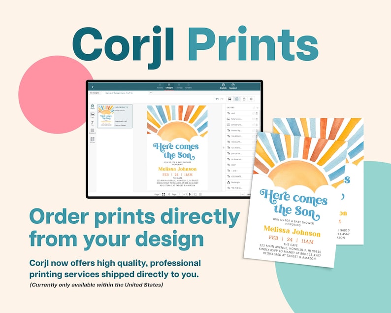 May include: The image showcases a baby shower invitation design with a watercolor sun illustration. The text "Here comes the Son" is featured, along with event details. The design is displayed on a computer screen and printed cards, with the text "Corjl Prints" at the top.