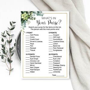 May include: A printable game card with a green floral design. The card has a list of items to find in a purse, with points assigned to each item. The title of the game is "What's in Your Purse?"