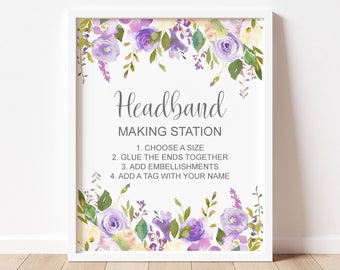 Headband Making Station Sign Purple Baby Shower Sign Decorate A Headband Sign Printable NOT Editable C67