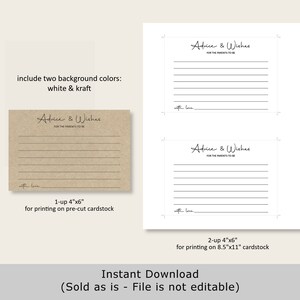 May include: Two printable cards with the text "Advice & Wishes for the Parents-to-Be" in a handwritten font. The cards are available in white and kraft paper and are 4 inches by 6 inches. The text "with love" is at the bottom of each card.