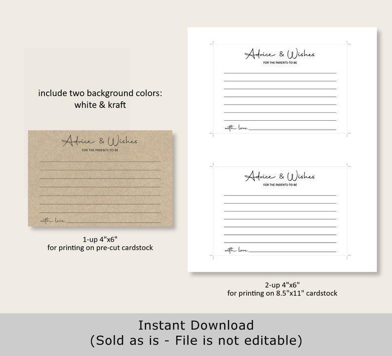 May include: Two printable cards with the text "Advice & Wishes for the Parents-to-Be" in a handwritten font. The cards are available in white and kraft paper and are 4 inches by 6 inches. The text "with love" is at the bottom of each card.