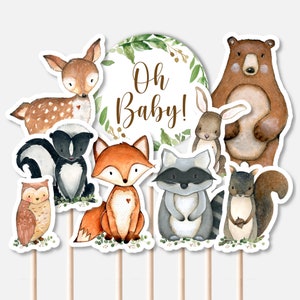 STAMPABILE Ritagli di animali del bosco Baby Shower Centrotavola Toppers torta Decorazione torta di pannolini NON modificabile 0120
