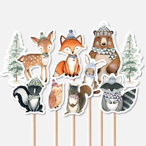 DRUCKBAR Winter Waldtiere Herzstücke Wald Ausschnitte Wald Kuchen Topper Babyparty Geburtstag Dekorationen NICHT bearbeitbar 0119