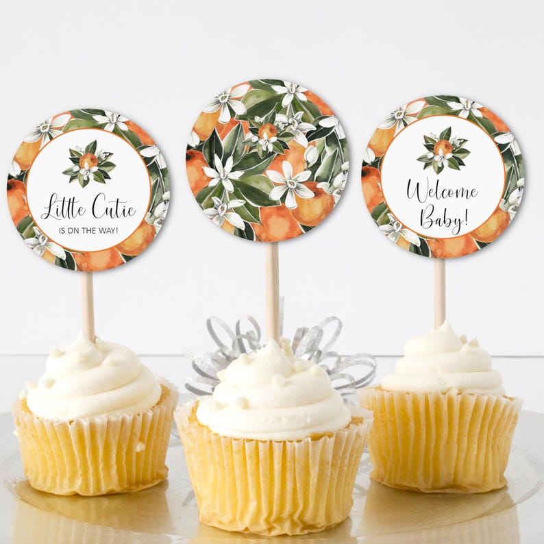 Little Cutie Baby Shower Cupcake Toppers Orange Citrus Baby Shower Food Decoration Printable Topper