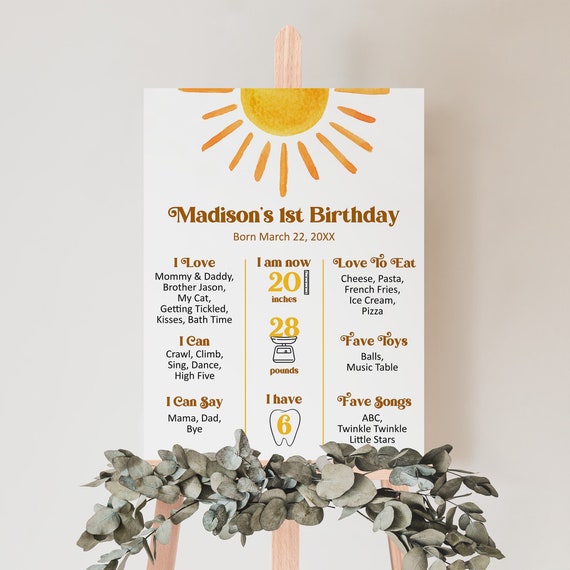 Editable Sunshine Birthday Milestone Sign First Year Milestone Board Sun 1st Birthday Poster Template Corjl 0118