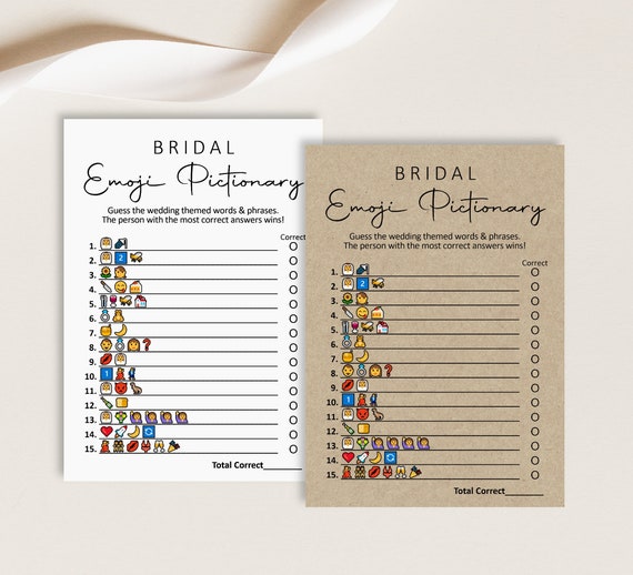 Bridal Emoji Pictionary Game Bridal Shower Game Printable Minimal Kraft Paper Rustic Woodsy Modern Black White NOT Editable B3 Il_570xn