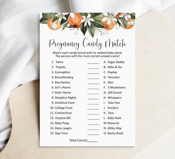 Pregnancy Candy Match Game With Answer Citrus Baby Shower - Etsy