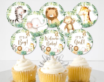 Adornos para cupcakes de jungla, baby shower de jungla, lindos animales de safari, decoración de comida para baby shower, adorno imprimible, no editable, 0127