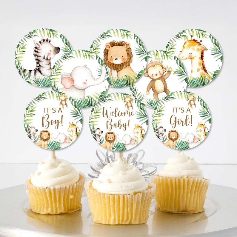 Adornos para cupcakes de jungla, baby shower de jungla, lindos animales de safari, decoración de comida para baby shower, adorno imprimible 0127 imagen 1