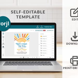 May include: A laptop displaying a self-editable template with the text "Here comes the Son." The design features a watercolor sun and text. Icons for edit, download, and print or share are visible.