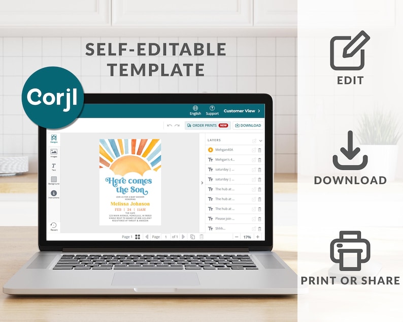 May include: A laptop displaying a self-editable template with the text "Here comes the Son." The design features a watercolor sun and text. Icons for edit, download, and print or share are visible.