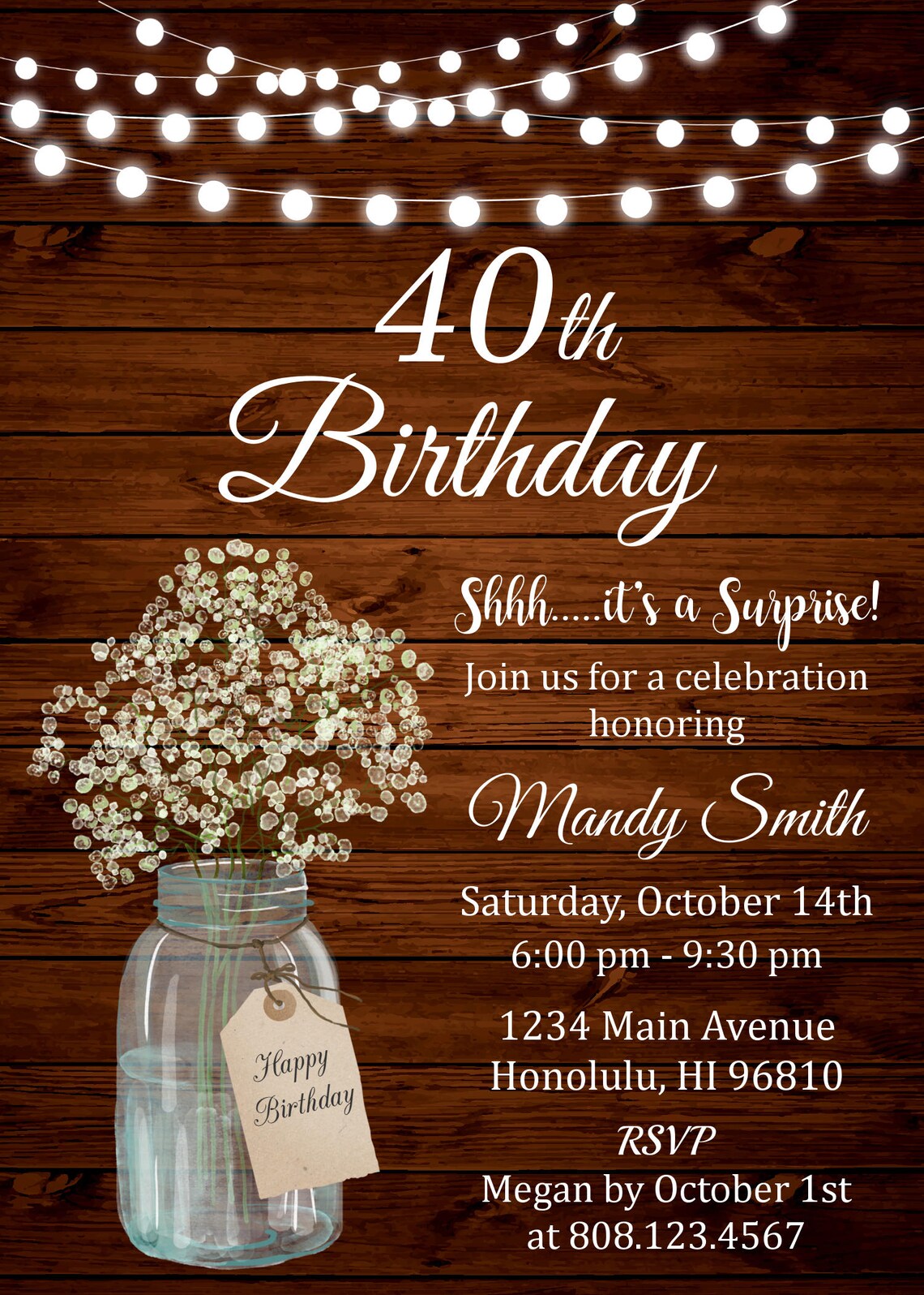 40th Birthday Invitation for Women Surprise Birthday | Etsy