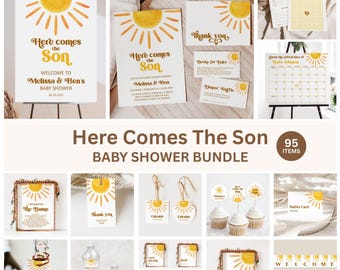 Editable Sun Baby Shower Bundle Here Comes The Son Baby Shower Boho Sunshine Baby Shower Games Printable Corjl 0118